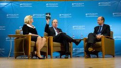From left to right: Professor of Political Science and Law at Montclair State University Brigid Harrison, SCM director Merrill Brown, and Harvard professor, activist and author Lawrence Lessig at the April 23 panel discussion.