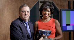 My9 News anchor Brenda Blackmon is presented the Allen B. DuMont Broadcaster of the Year Award by Professor Marc Rosenweig.