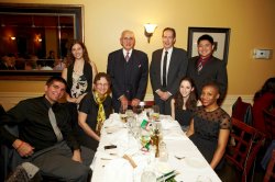 College attendees at Cento Amici dinner: (left to right, seated) Michael Panepinto; College of the Arts' Asst. Dean Linda Davidson; Emma Pressman; and Breeanah Breeden; (standing) Rebecca Gruber; Joseph Canderozzi, past president of Cento Amici; MSU Development Officer David Graham; and Christian Blaza.