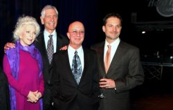 Left to right, American Eagle Award winners Judy Collins, Theodore Bikel, Paul Shaffer, and Montclair State University Professor David Sanders, who's also the director of the National Music Council, which bestows the American Eagle Award.