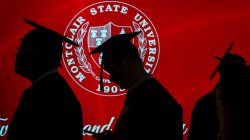 Students in graduation caps and gowns are silhouetted against a red background with a Montclair State University seal.