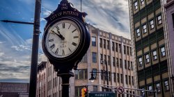 Lamp post clock in downtown Paterson