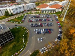 Aerial view of campus parking lot.