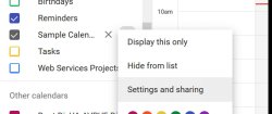 Screenshot of google calendar Settings and Sharing menu