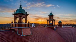 Cole Hall bell towers at sunset