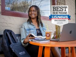 Photo of student at a cafe outside with her laptop open on the table and notebooks. Overlaid is a US News and World Report showing Montclair as among the Best Online Graduate Programs