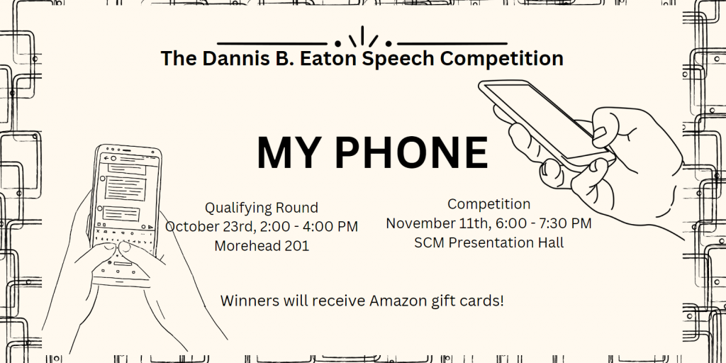 A graphic with a person's hand holding a mobile phone with words describing a speech competition.