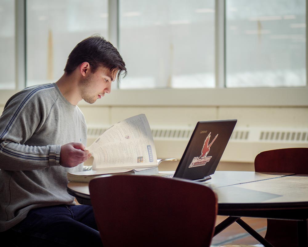 Student in lounge studying notes